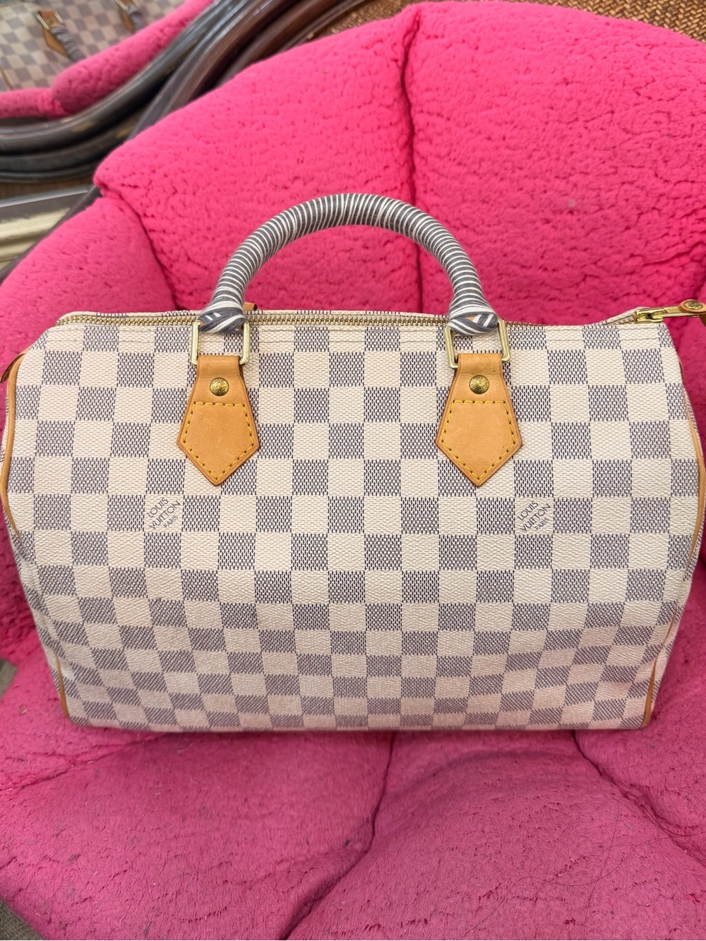 Louis Vuitton Cream Check Satchel with Tan Trim and Striped Handle